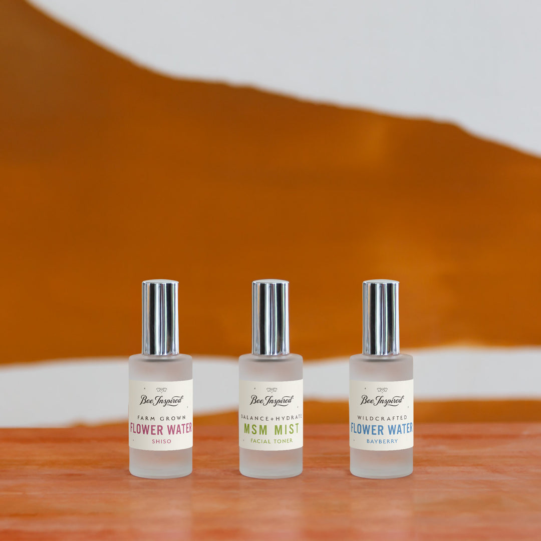 shiso flower water, msm mist facial toner, and bayberry leaf flower water in a line