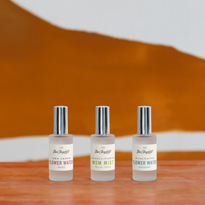 shiso flower water, msm mist facial toner, and bayberry leaf flower water in a line