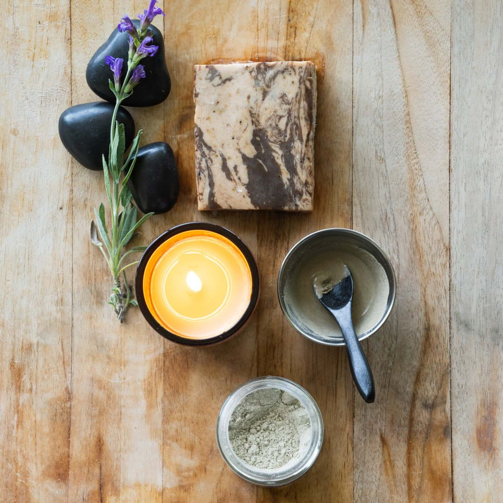Coffee+Cream bar soap with burning candle and dry mask