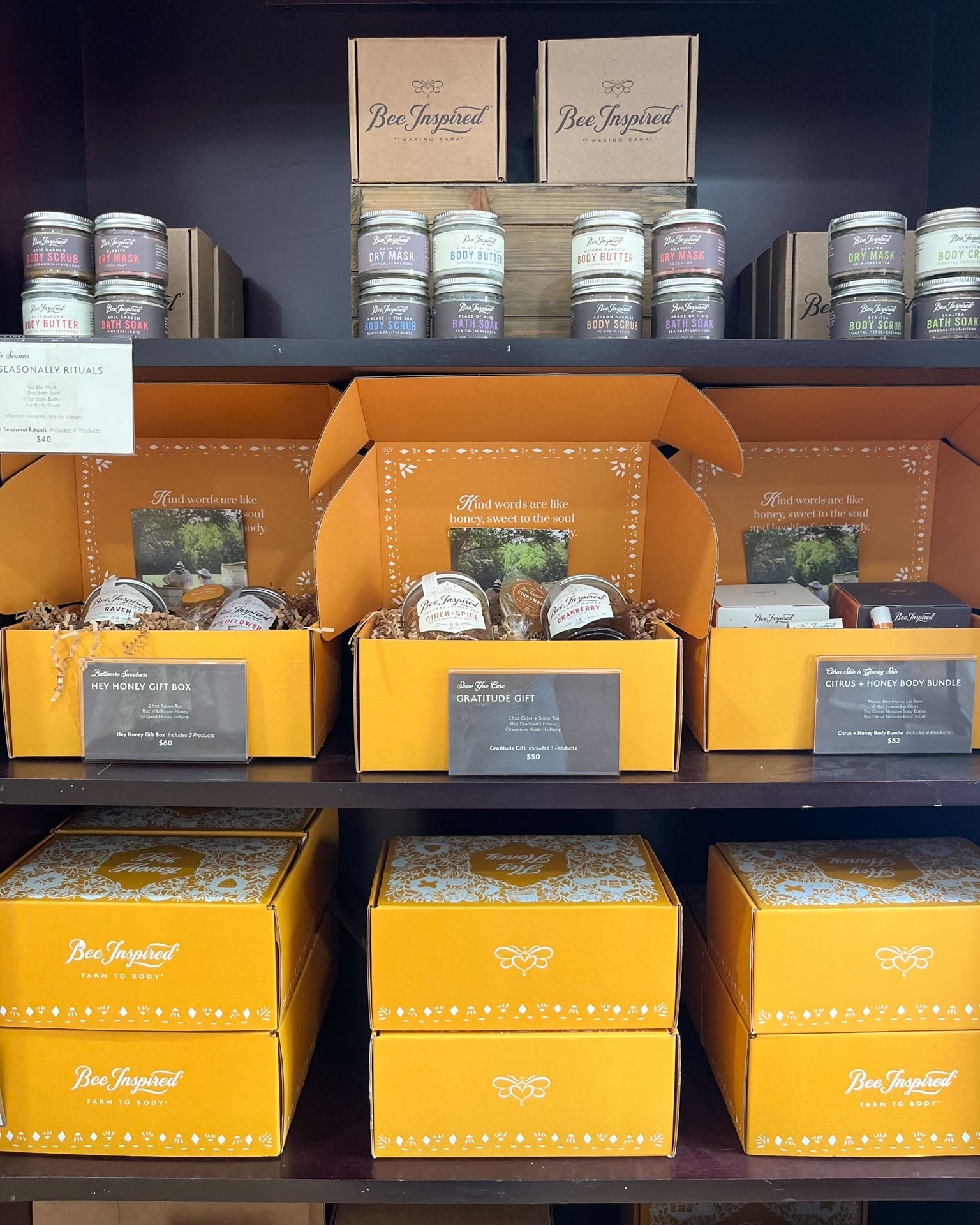 honey gifts on shelves in bee inspired goods ellicott city retail store
