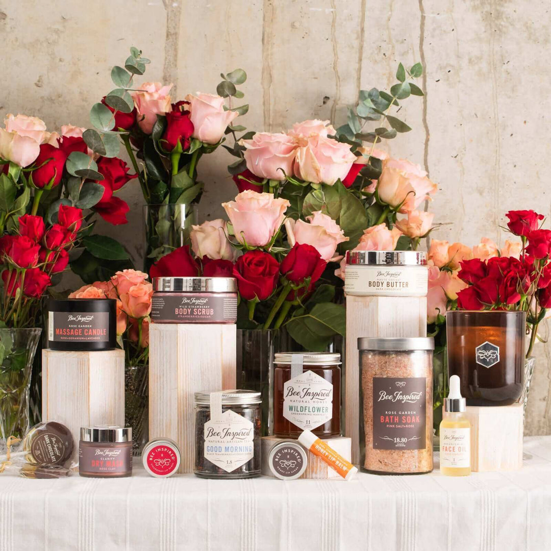Experience Love set by Bee Inspired Goods on display with pink and red roses