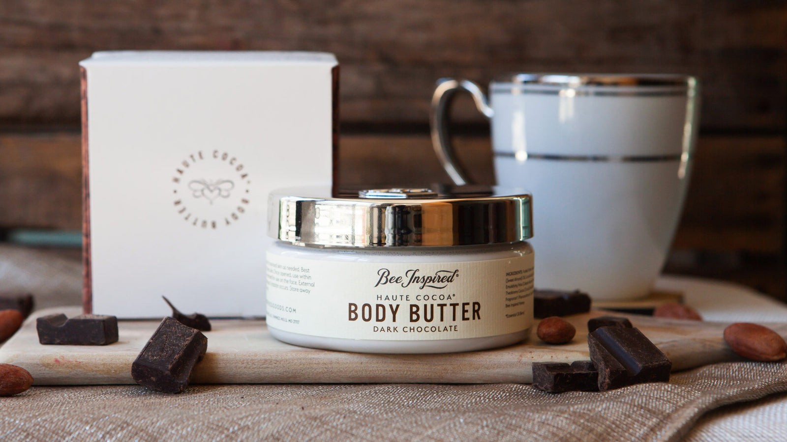haute cocoa body butter with pieces of chocolate