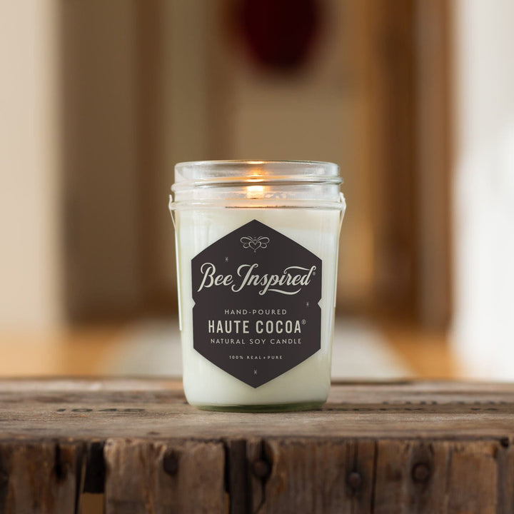 Haute Cocoa Soy Jelly Jar Candle on wood crate