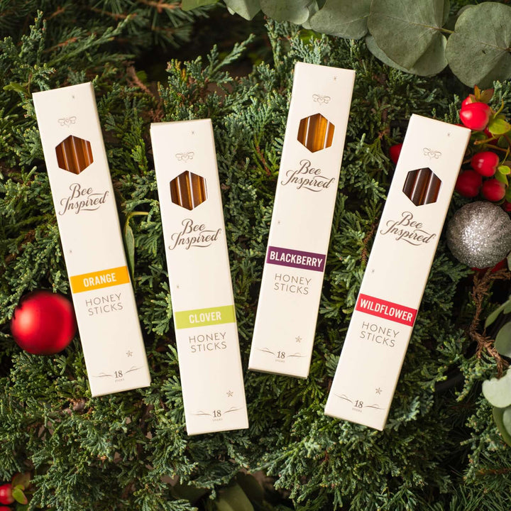 Varietal honey stick boxes on holiday display