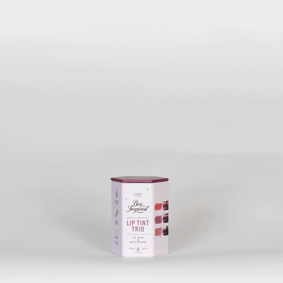 A short animation of Bee Inspired lip tint trio boxes being stacked on top of each other