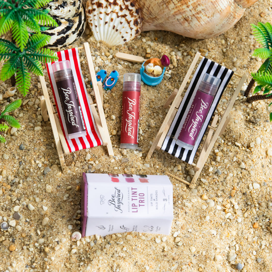 Bold lip tint trio at the beach