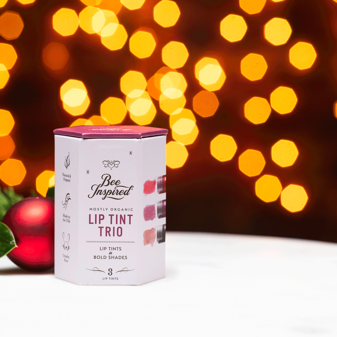 A short animation of the Bee Inspired Bold lip tint trio contents