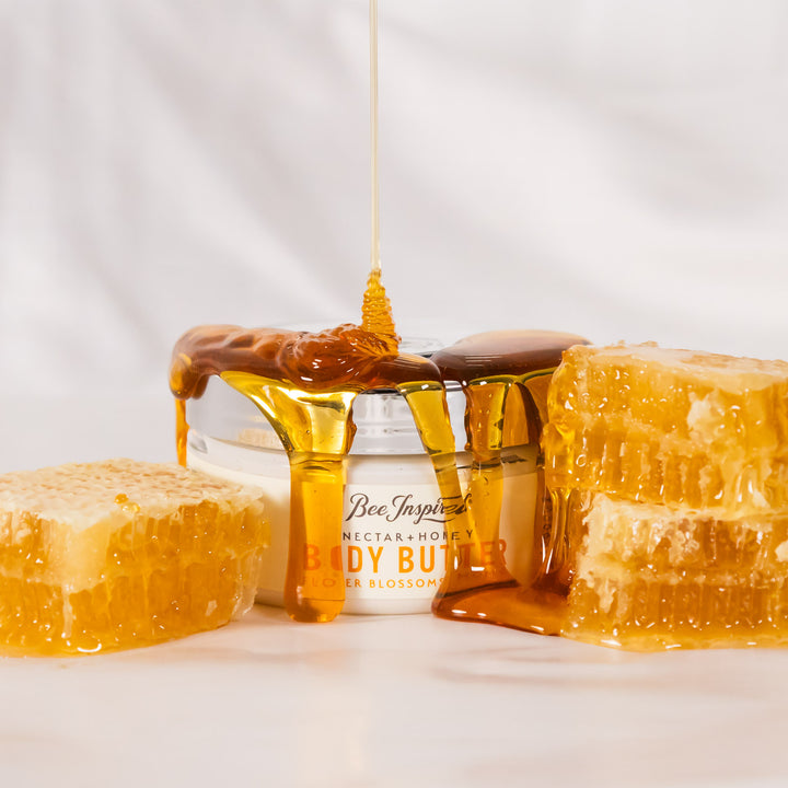 nectar and honey body butter with honeycomb and honey
