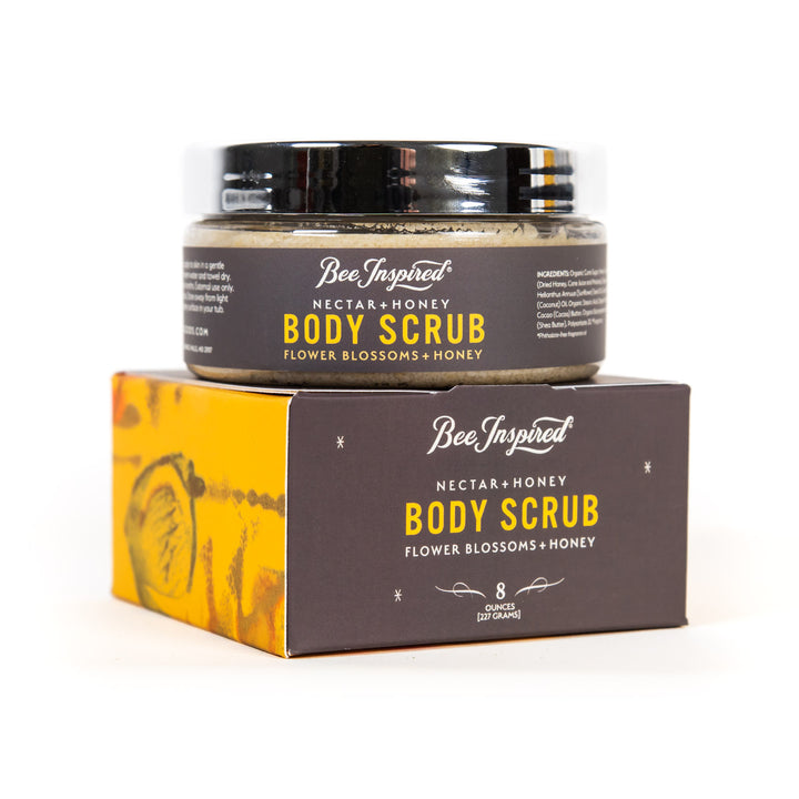 nectar and honey body scrub with box on white