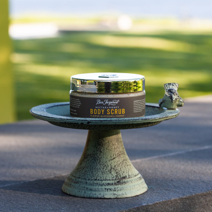 nectar and honey body scrub on a bird bath