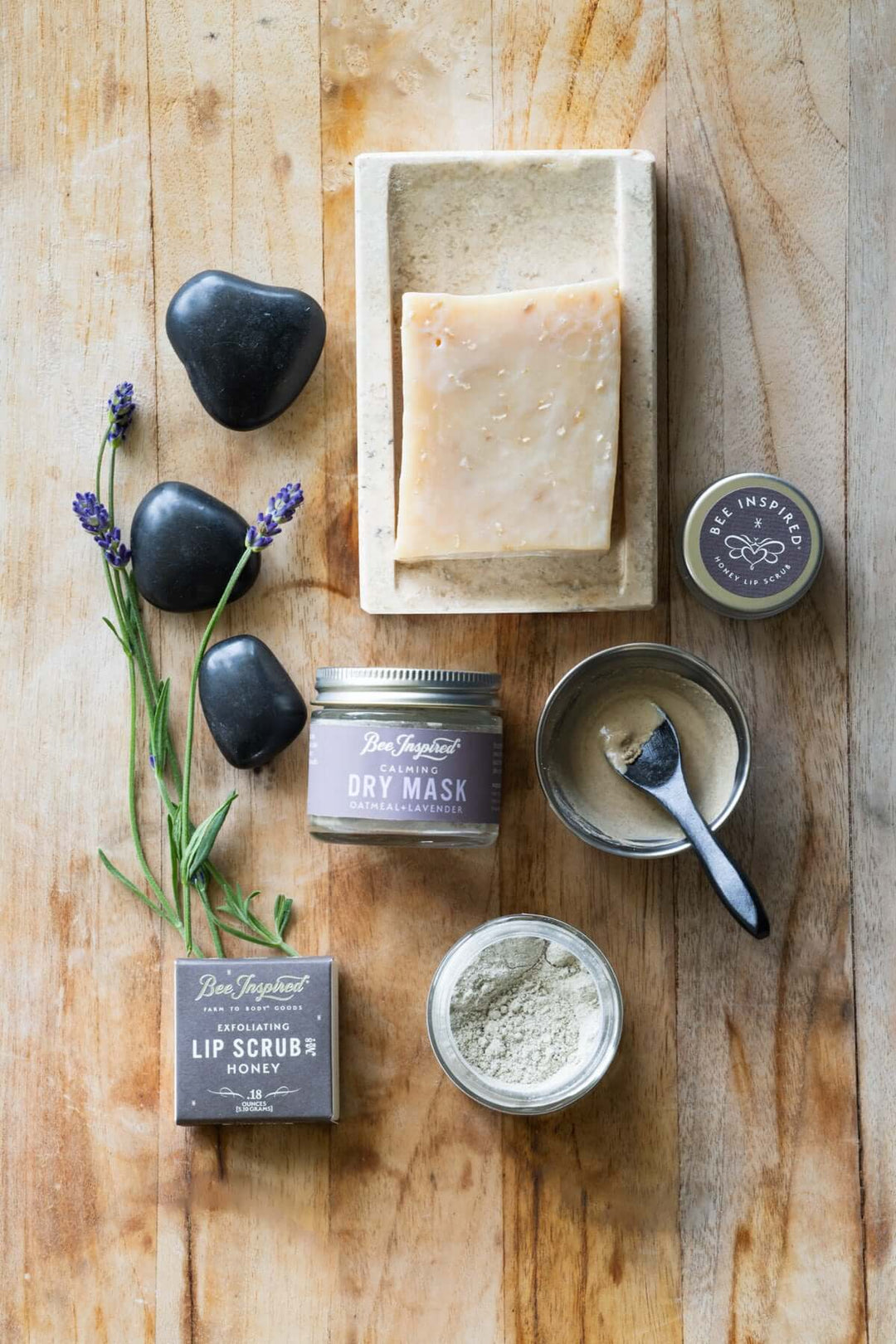 Oatmeal+Lavender soap with lip scrub and dry mask on table