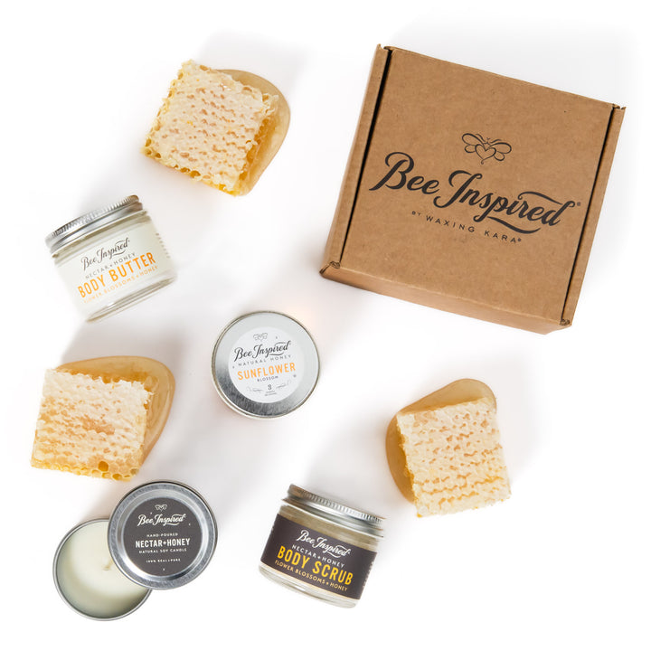 Petite Nectar+Honey gift set displayed with raw honeycomb