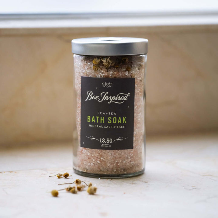 Sea+Tea bath soak on bathroom counter