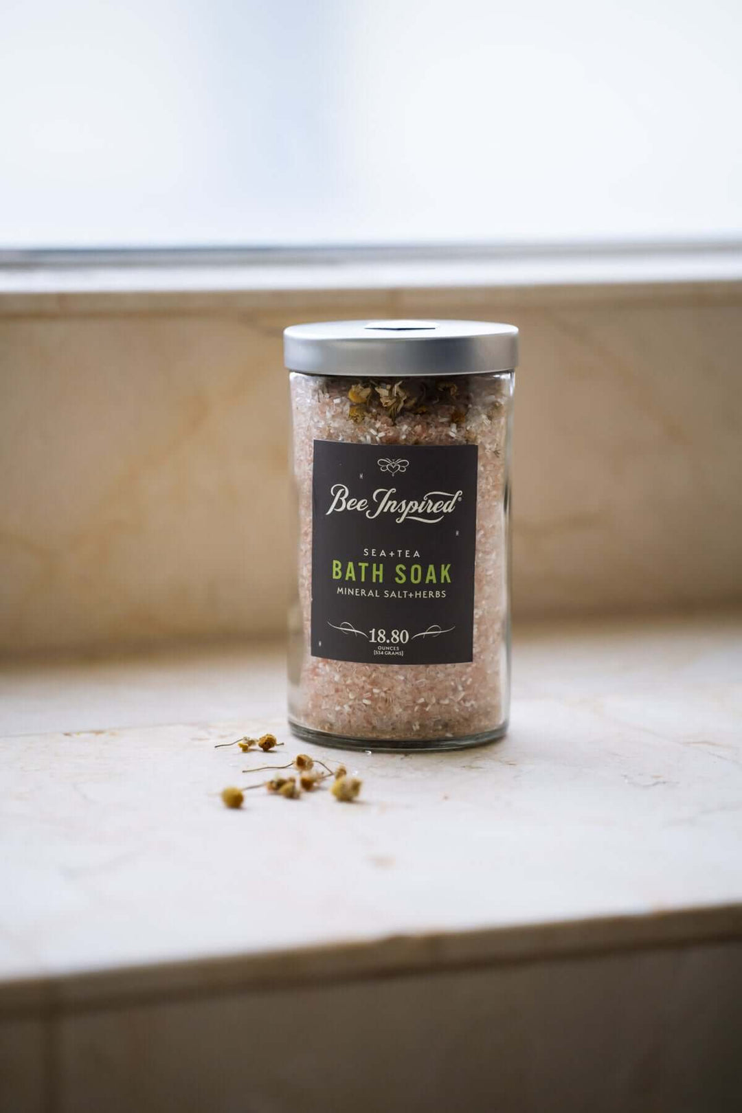 Sea+Tea bath soak on bathroom counter