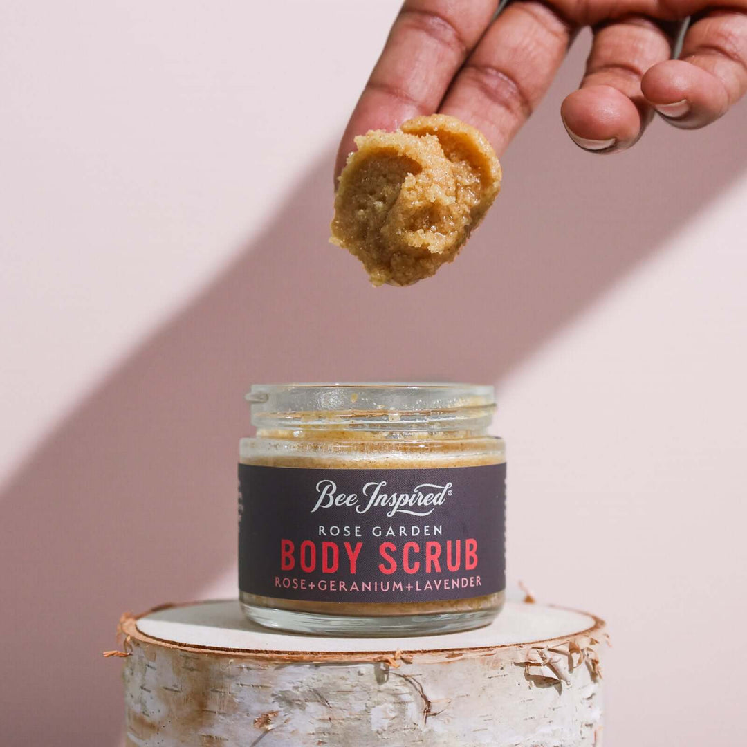 Rose Garden body scrub on fingers