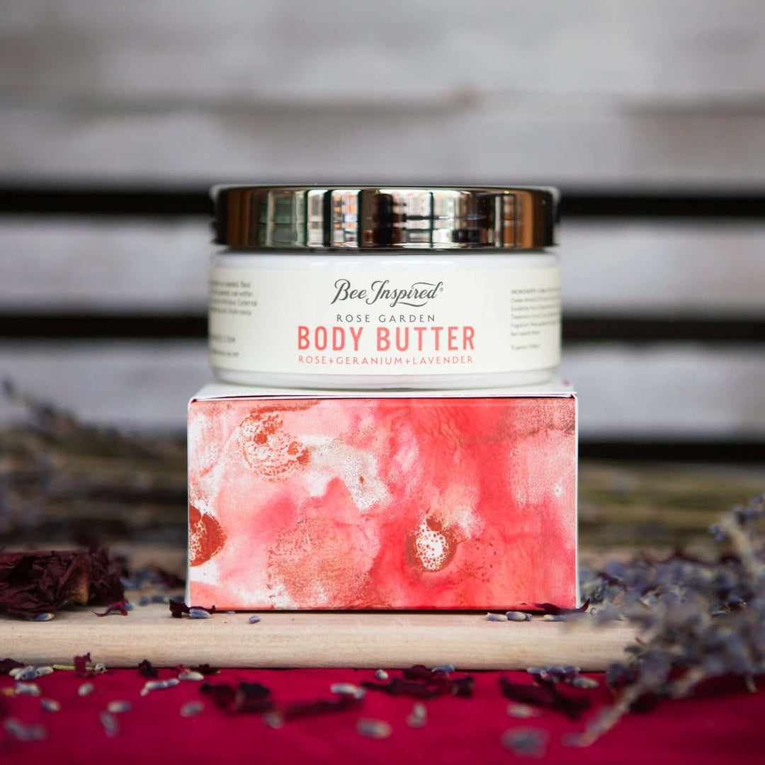 rose butter from bee inspired honey retail store in owings mills on its box with lavender and rose petals