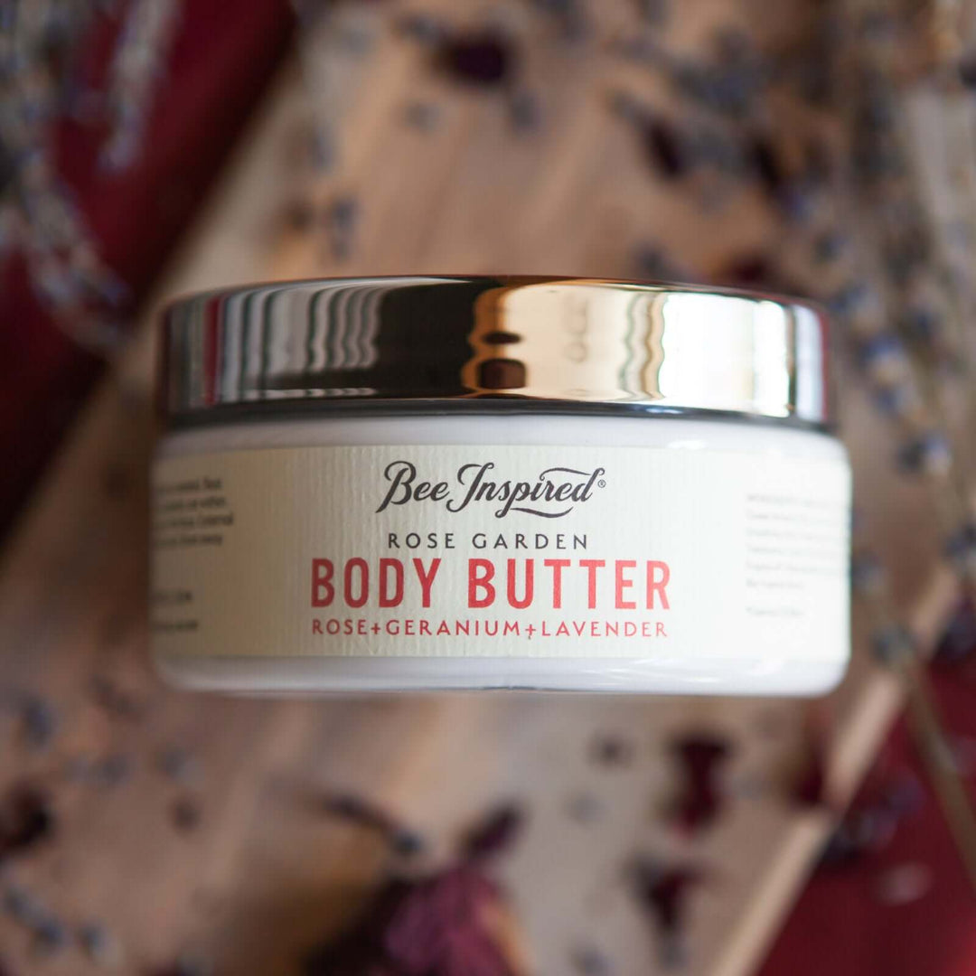 Rose Garden body butter with dried flower petals and lavender