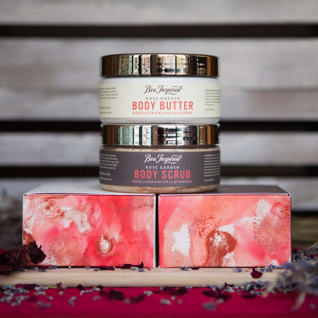 Rose Garden butter and scrub duo on boxes