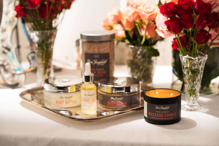 spring awakening set on table with bouquets of roses