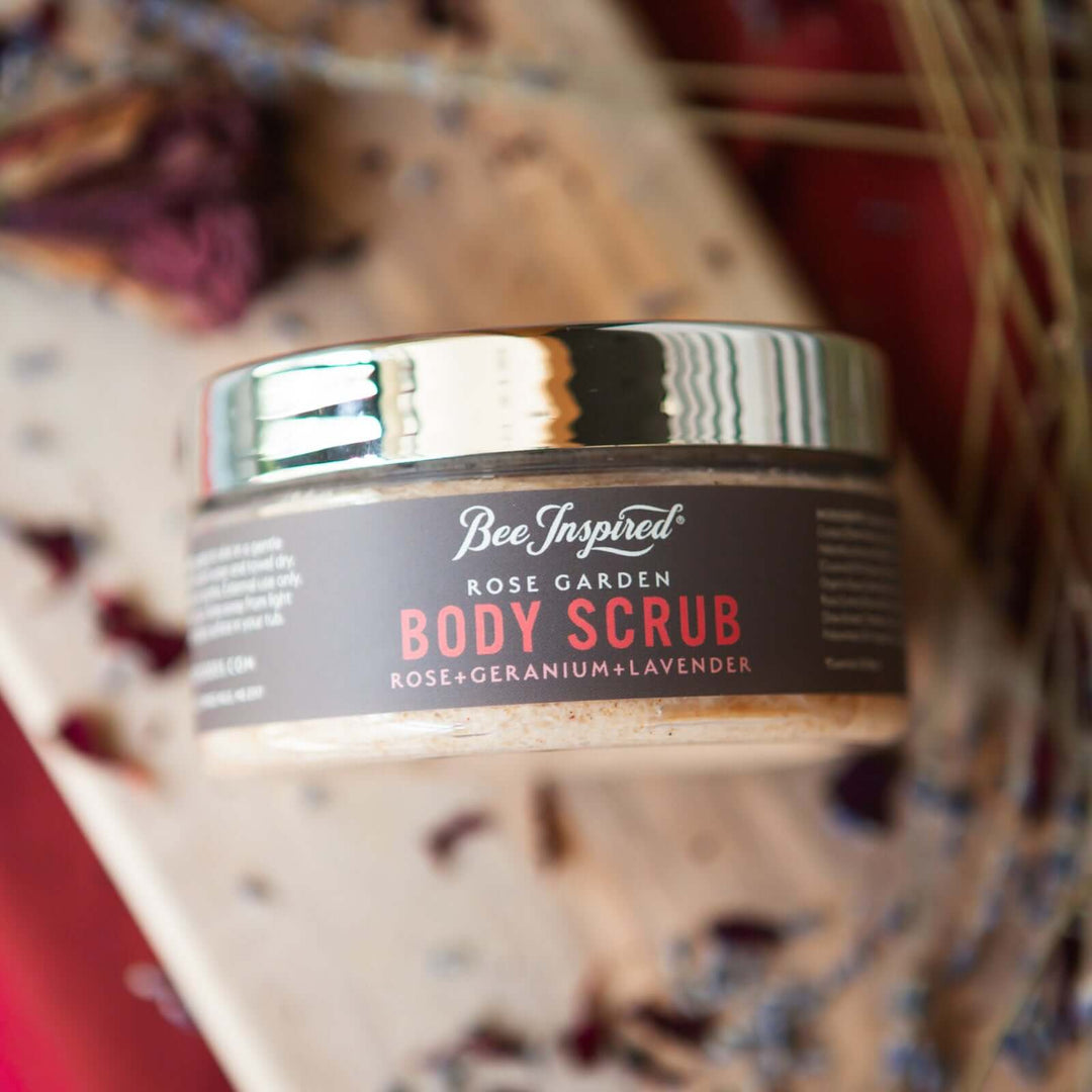 Rose Garden body scrub with dried flower petals and lavender