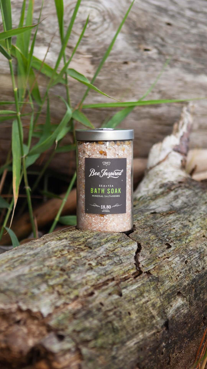 Sea+Tea bath soak on a log