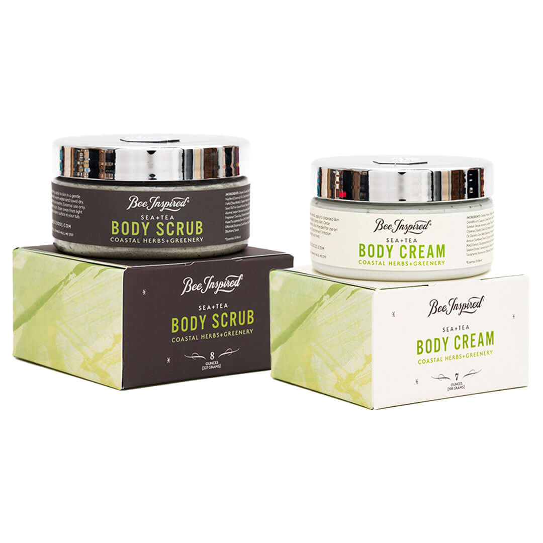 Sea+Tea cream and scrub duo on boxes on white