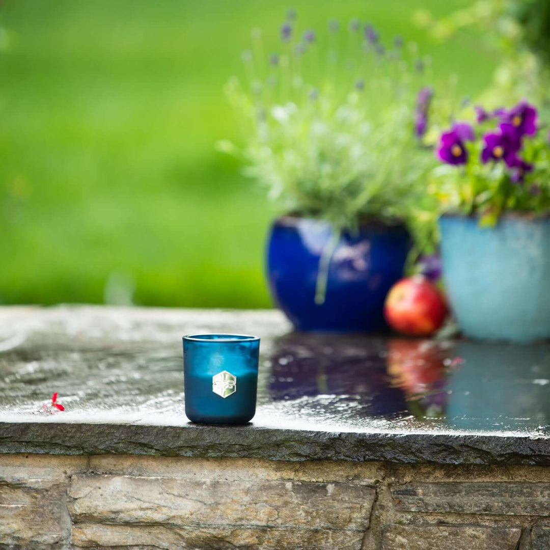 Signature candle on outdoor ledge with potted plants