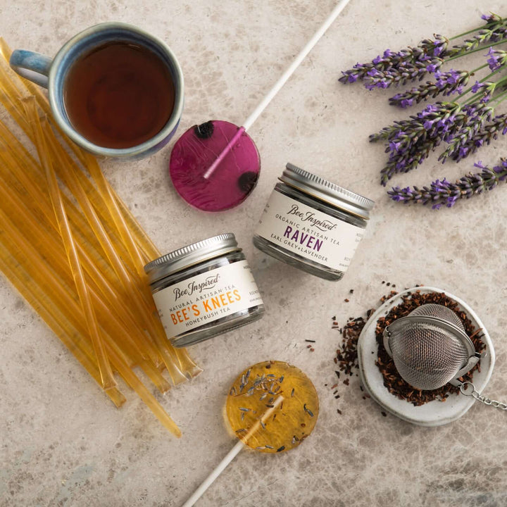 components of tea and honey set with lavender