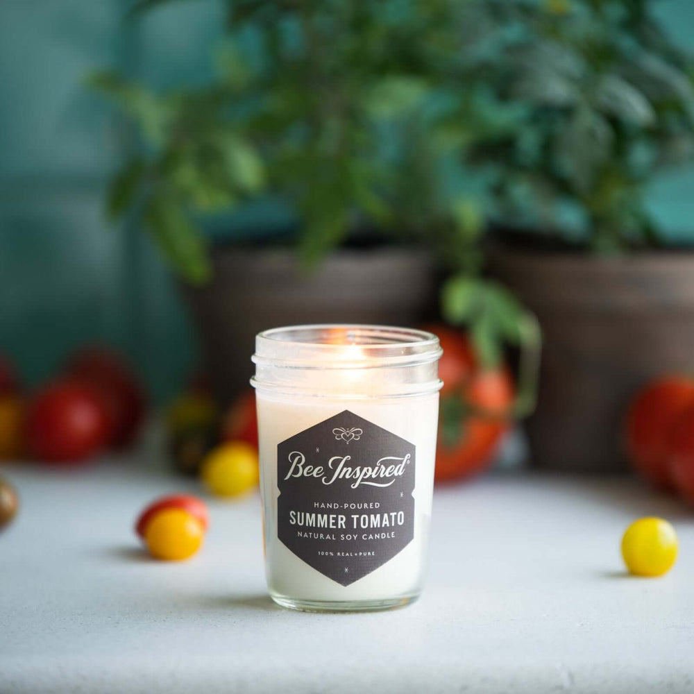 Summer Tomato jelly jar candle burning next to tomato plant