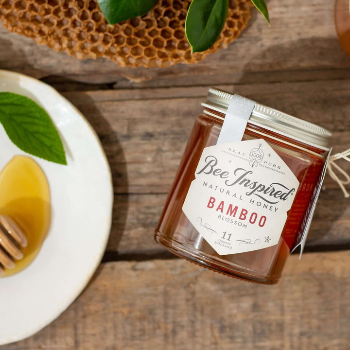 bamboo honey on wood with honeycomb