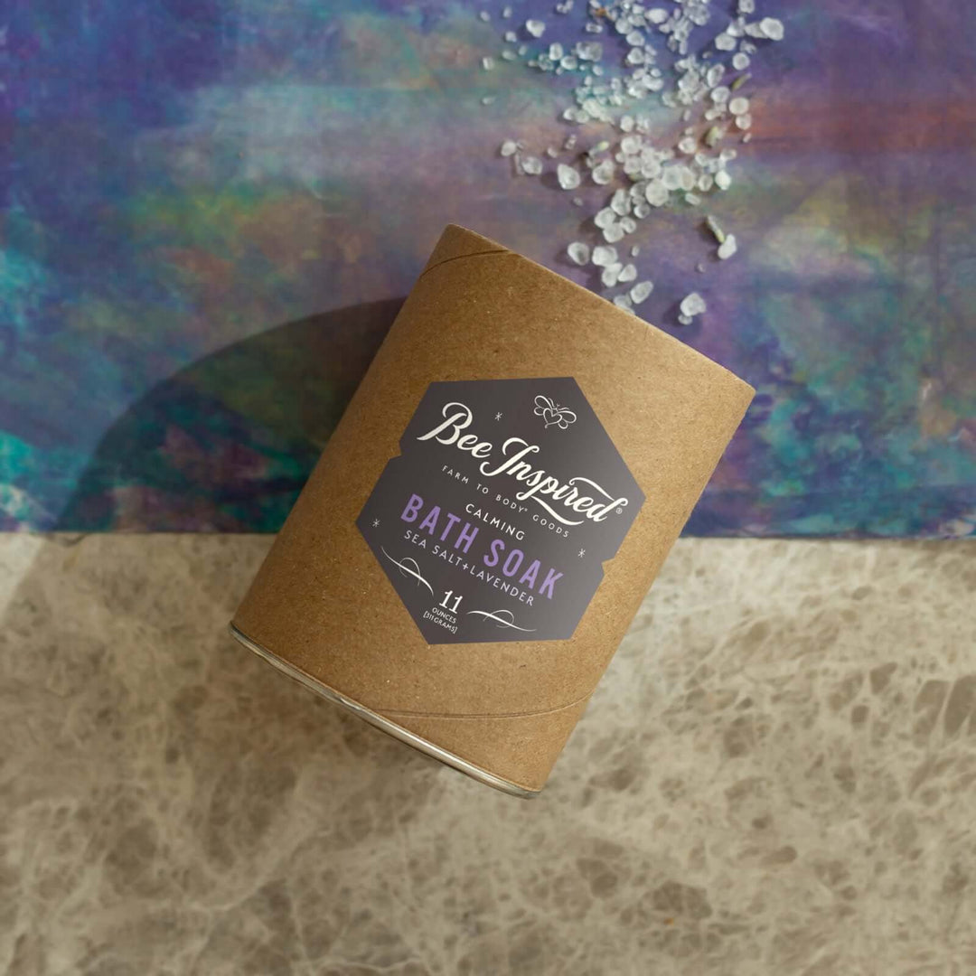 Calming bath soak on purple and blue art