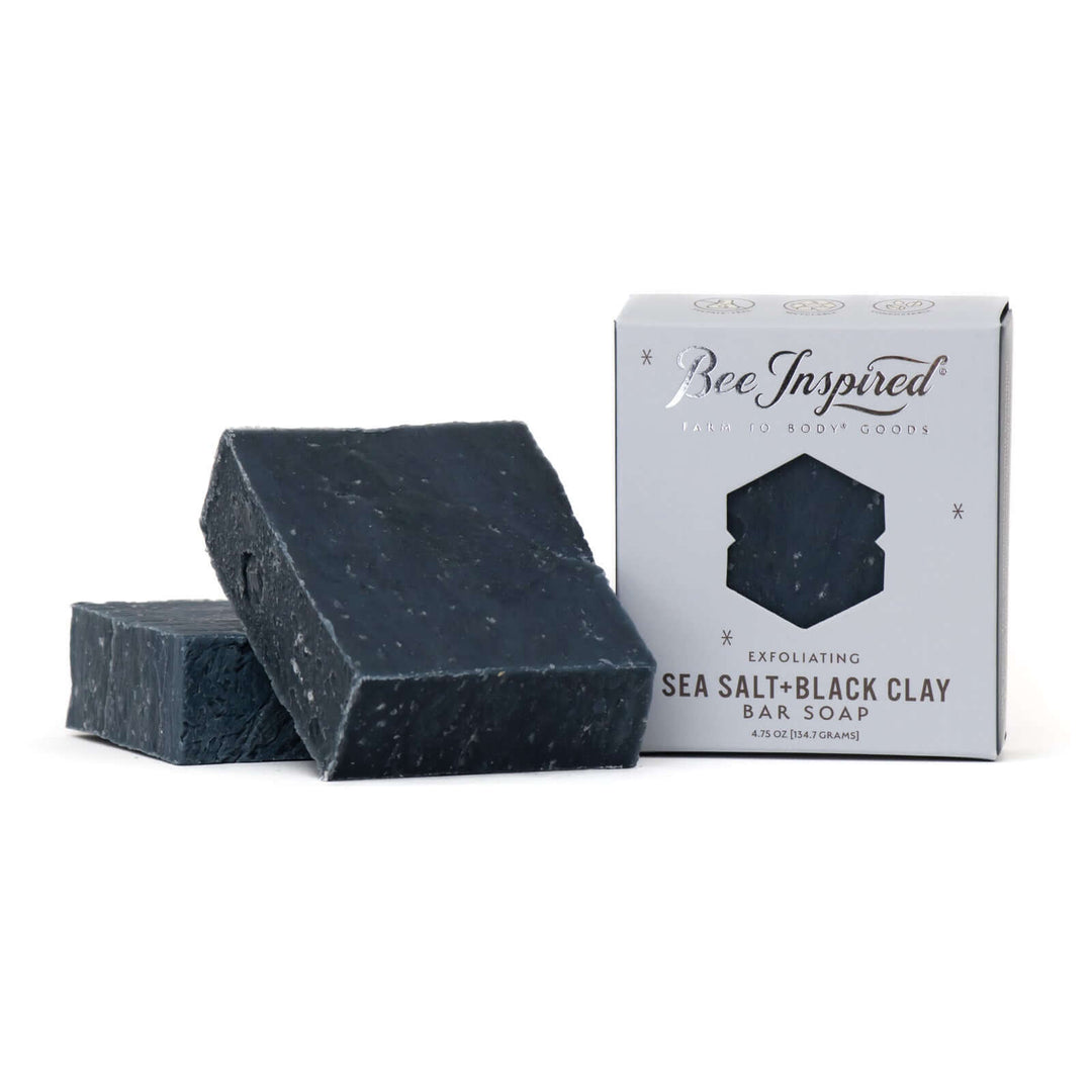 Sea Salt + Black Clay bar soaps in and out of box on white