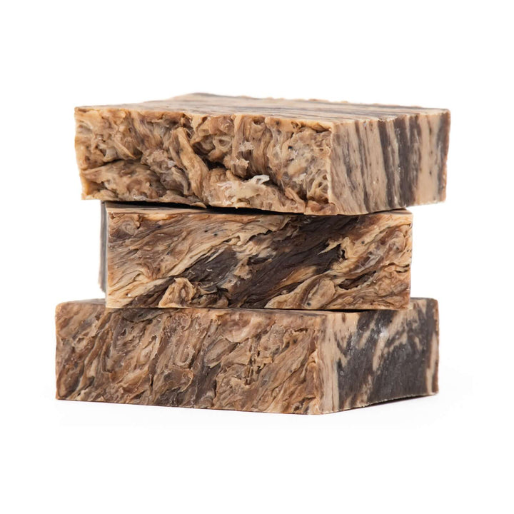 Coffee+Cream bar soaps stack out of box on white