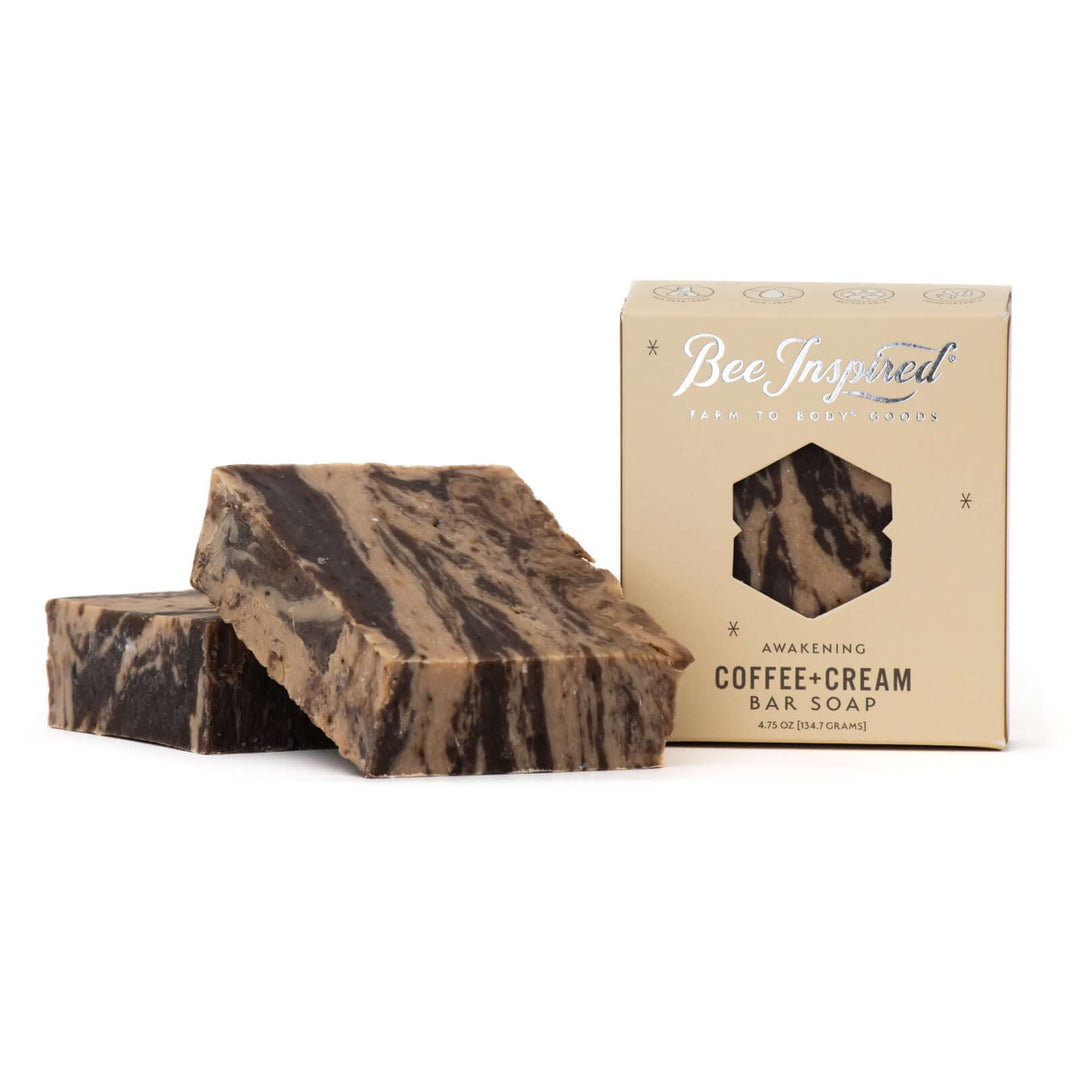 Coffee+Cream bar soaps in and out of box on white