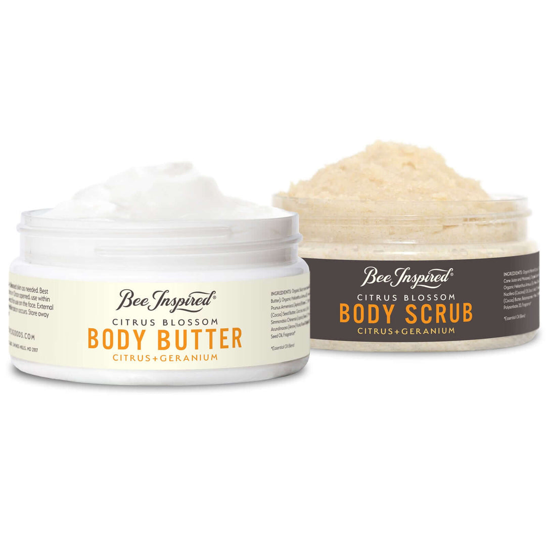 Citrus Blossom butter and scrub duo on white