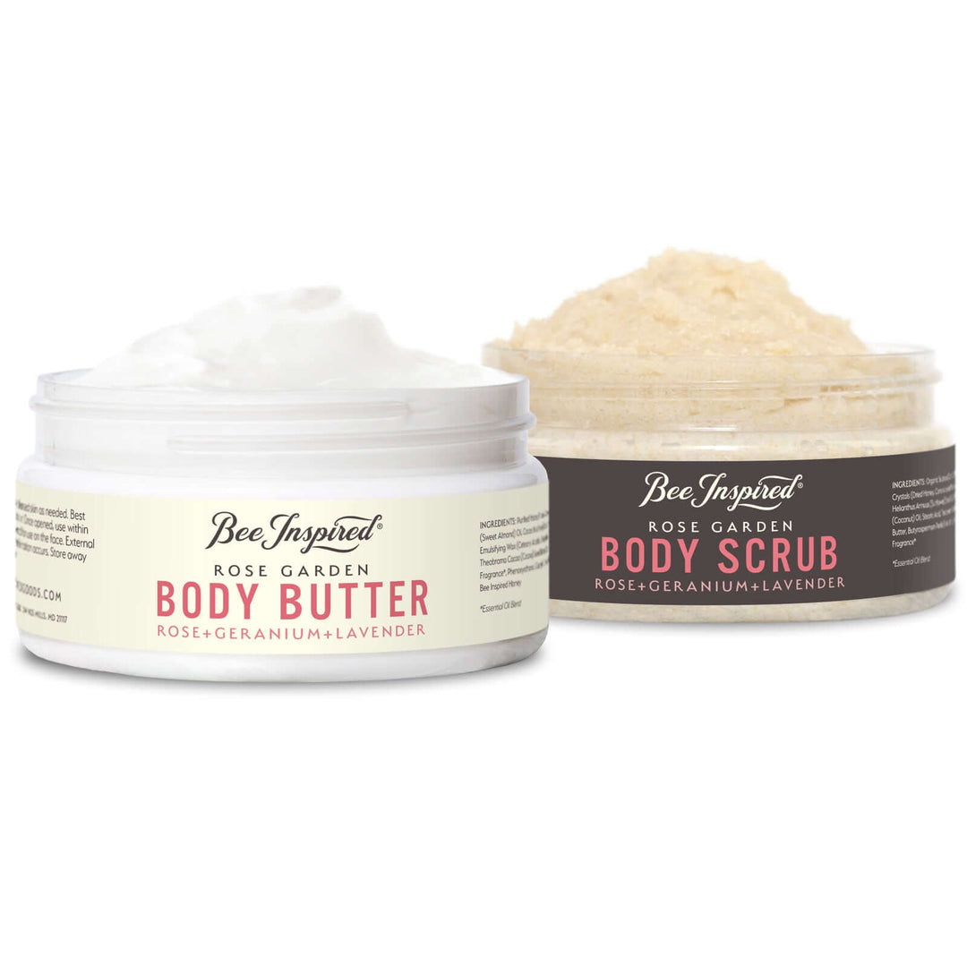 Rose Garden butter and scrub duo on white