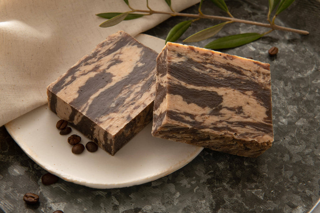 Coffee+Cream bar soaps on a plate
