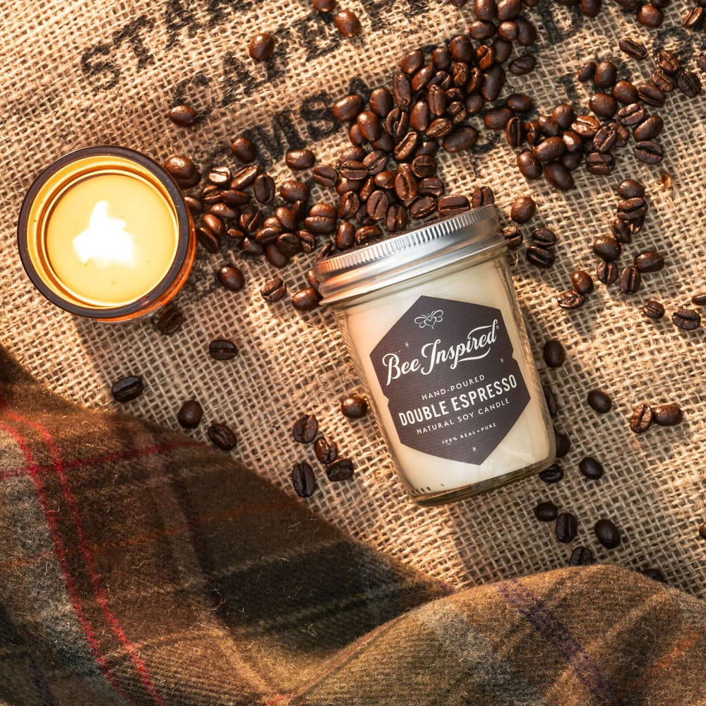 Double Espresso jelly jar candle flat lay with espresso beans