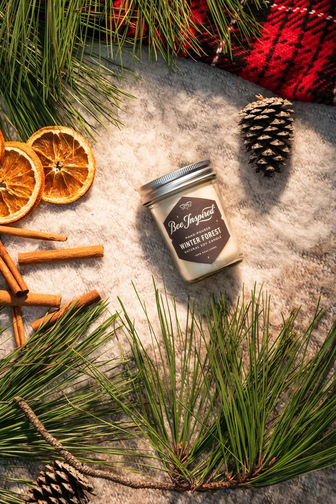 Winter Forest jelly jar candle flat lay with holiday decorations