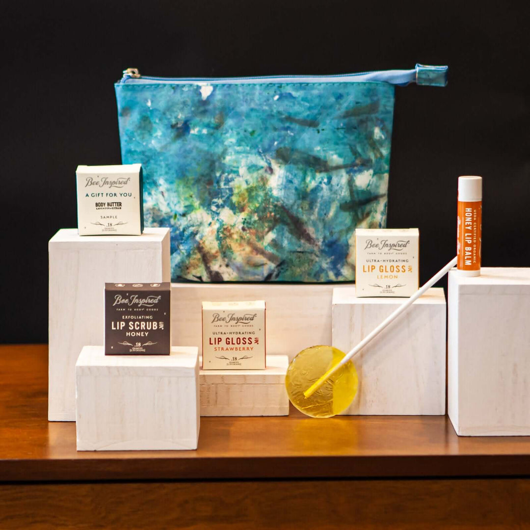 Honey Kissed Lips set and art bag on birch displays