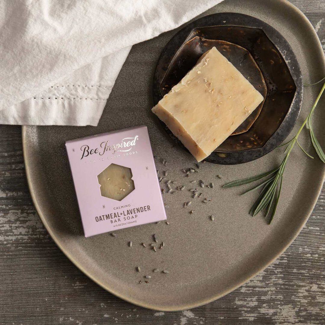 Oatmeal+Lavender bar soap on plate with dried lavender