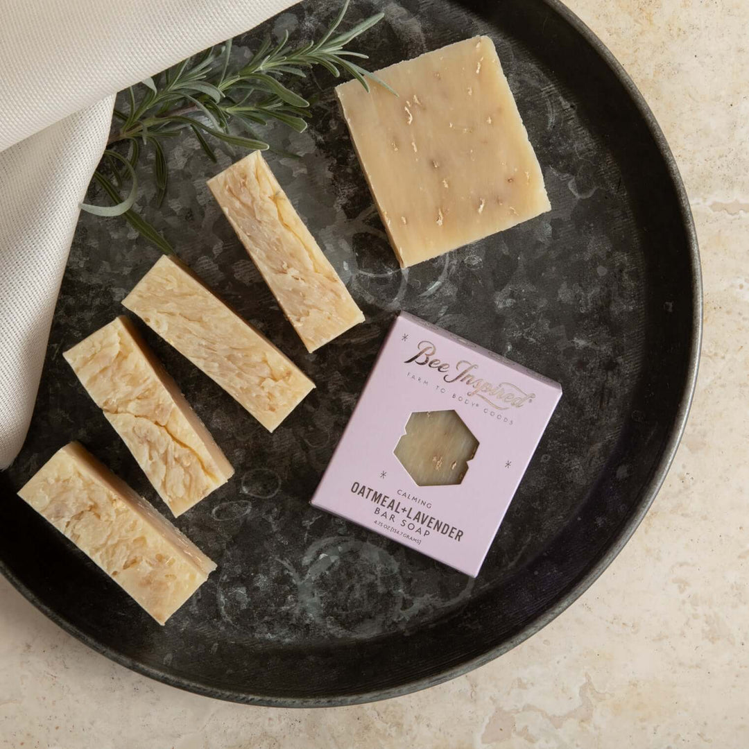 Oatmeal+Lavender soap cut in slices on a plate