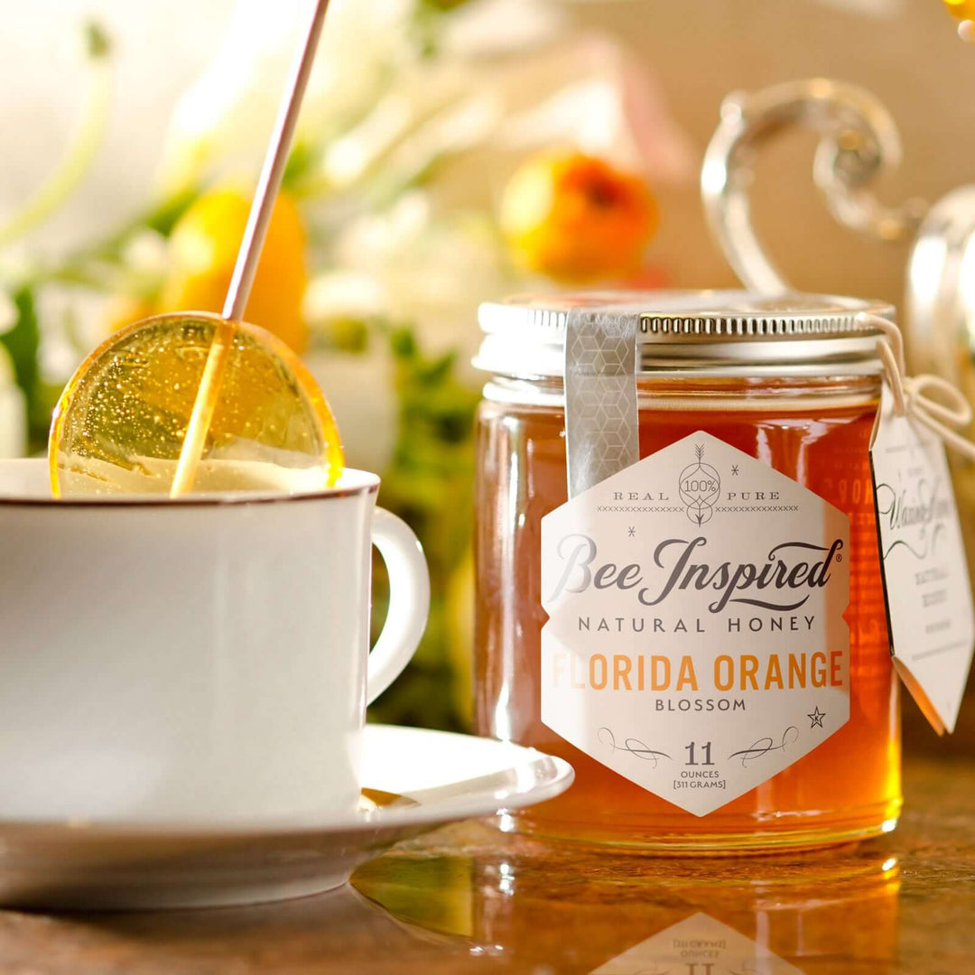 florida orange blossom honey with tea and lollipop