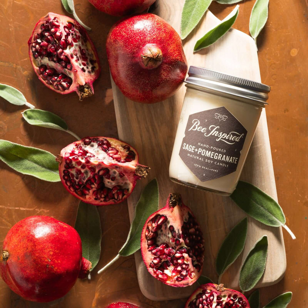 Sage+Pomegranate jelly jar candle flat lay with pomegranates