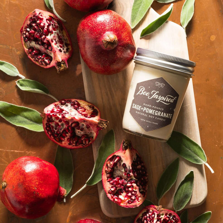 Sage+Pomegranate jelly jar candle flat lay with pomegranates