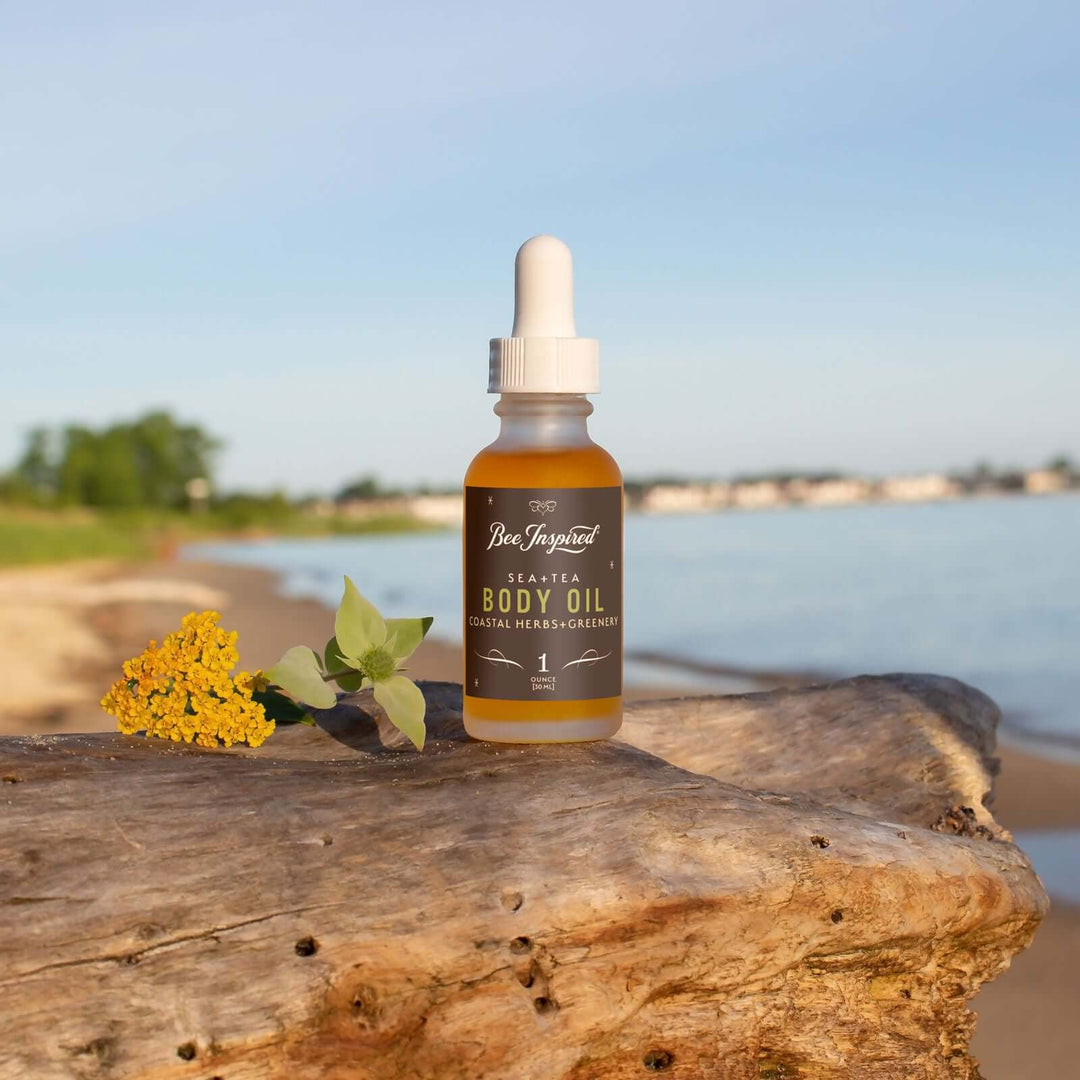 Sea+Tea body oil on driftwood in front of the ocean