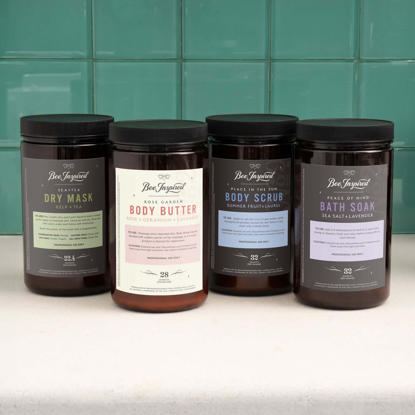 Spa backbar dry mask, body butter, scrub, and bath soak
