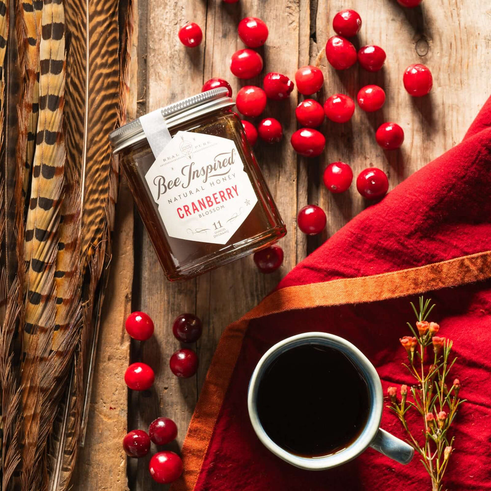 Cranberry honey next to tea mug, cranberries, and feathers