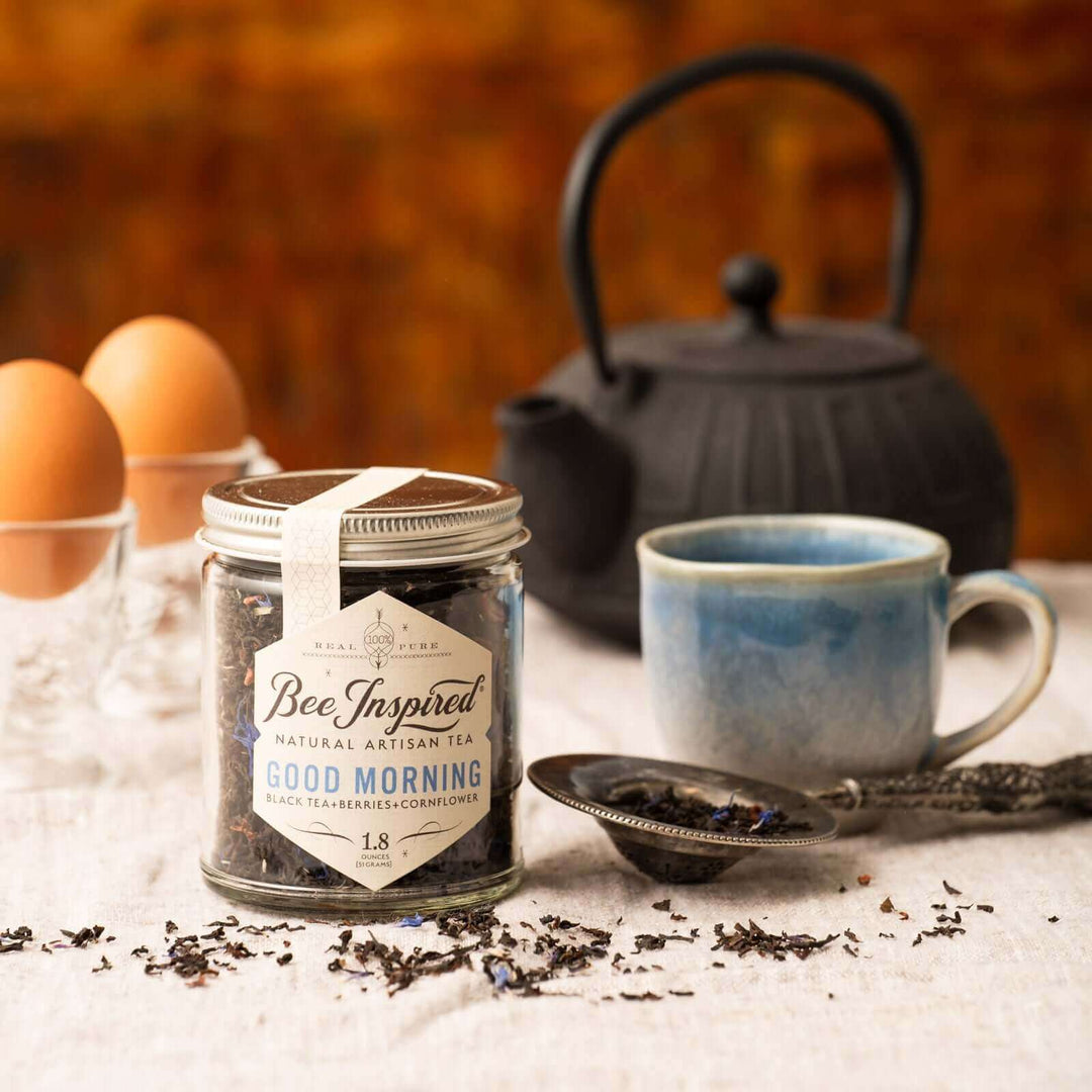 Good Morning Tea with eggs, tea kettle, and mug