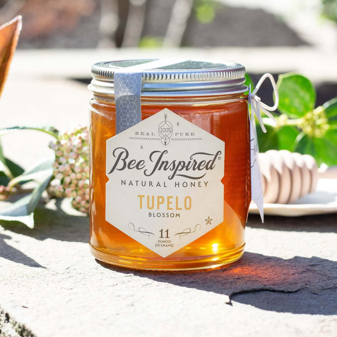 Tupelo honey on stone with honey dipper